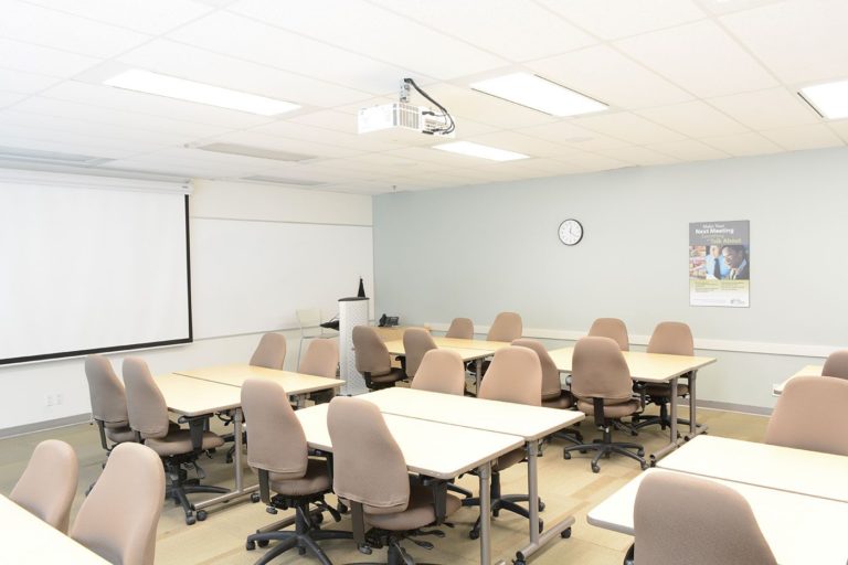 A View Of Training Room 2 With A Projector Set Up In A Table Group Configuration 768x512 